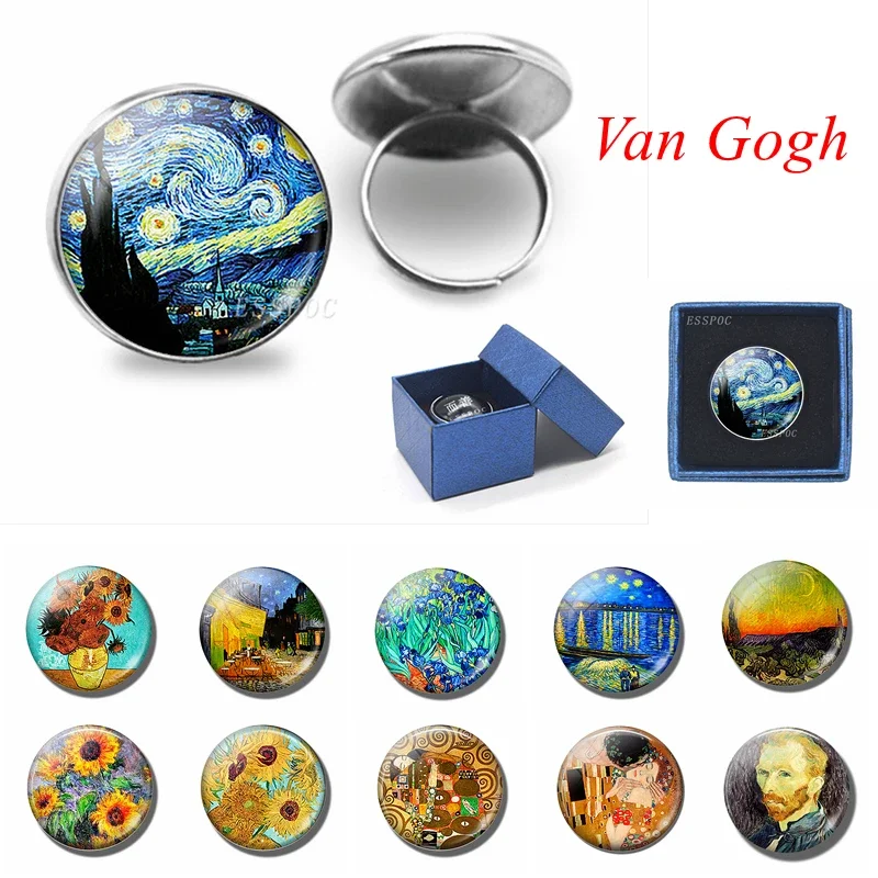 

Fashion Art Van Gogh 20 MM Ring Glass Cabochon Jewelry Sunflower Starry Night Handcraft Rings Women Sisters Friends Gifts