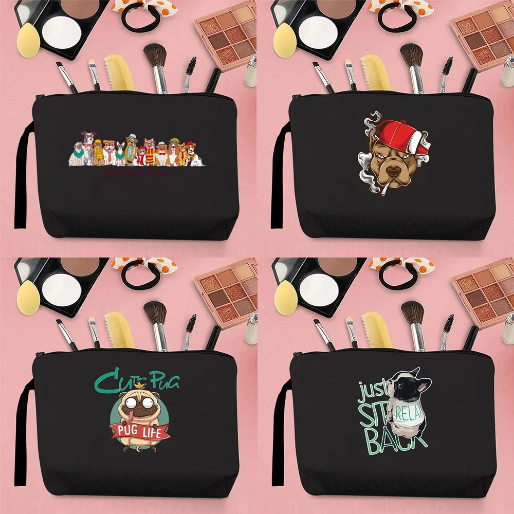 Hot Selling Women Cosmetic Bag Cartoon Dog Pattern Print Commuter Travel Canvas Black Storage Change Creative Clutch Bag