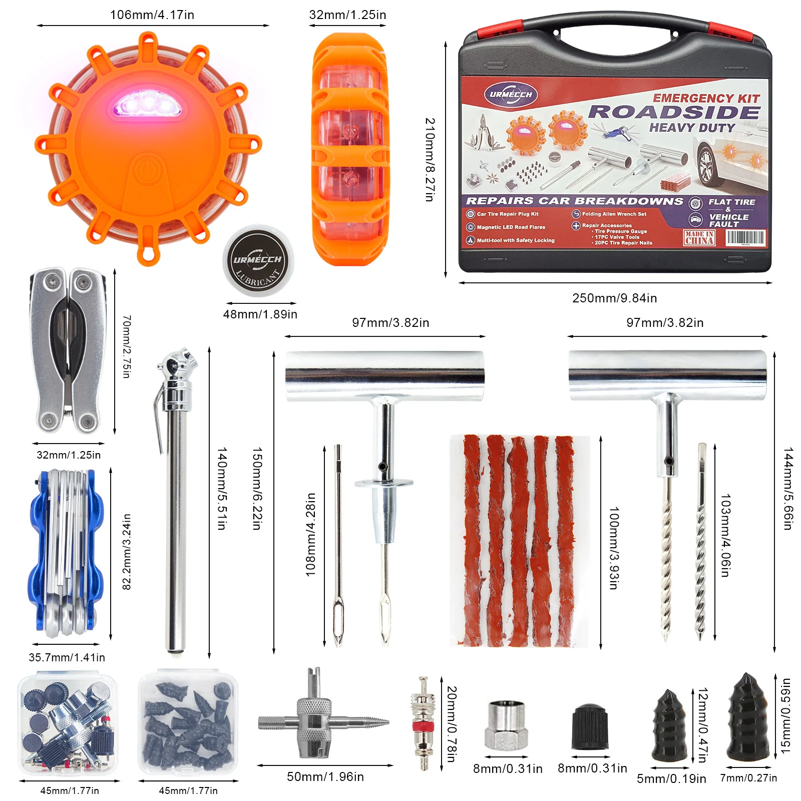 Car Roadside Emergency Tire Repair Kit LED Road Flares Multi-tool Pliers Allen Wrench Tire Pressure Gauge Car Safety Tool Box