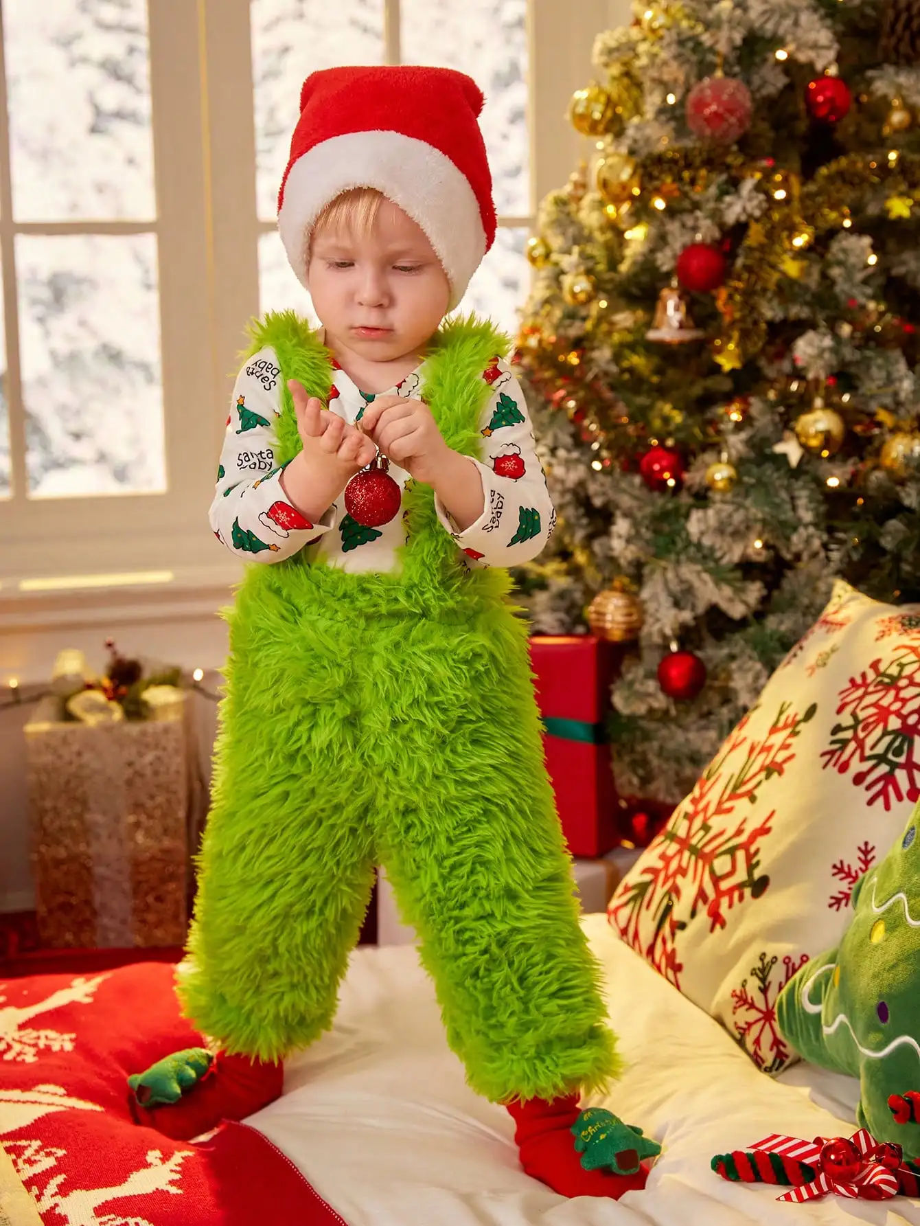 Christmas Holiday Style Boy Baby Fashion Personality Two-Piece Long-Sleeved Christmas Tree Print Jumpsuit + Green Fuzzy Overalls