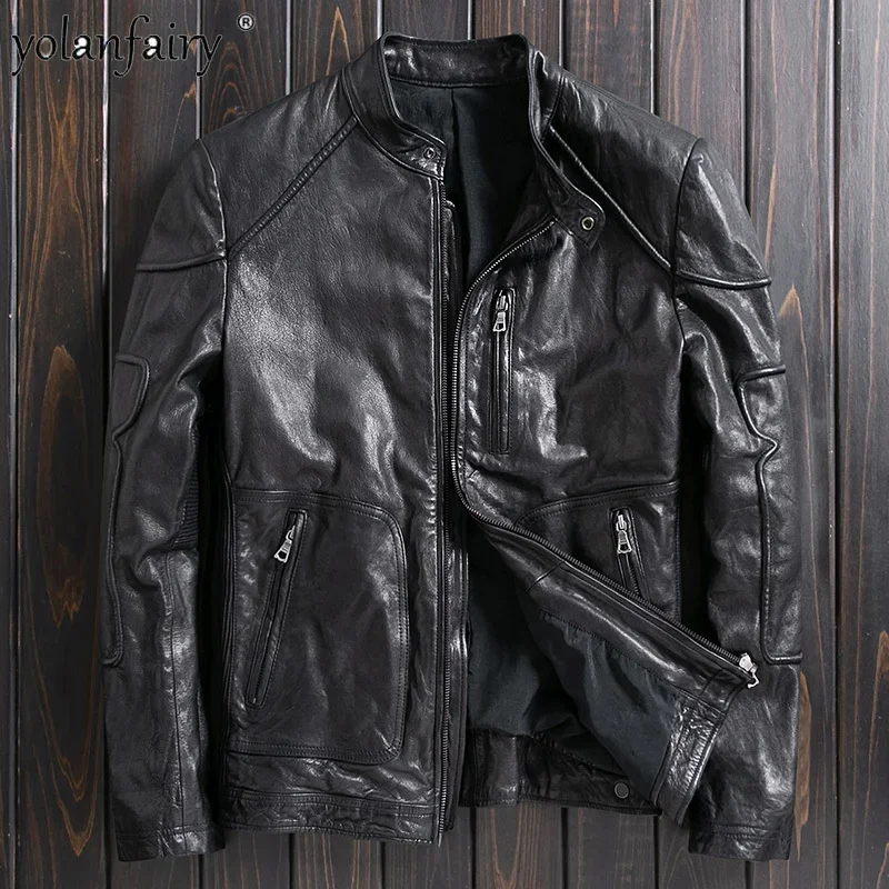 

Real Leather Jacket Men Vegetable Tanned Sheepskin Coat Men's Jackets Trendy Male Motorcycle Standing Collar Clothes 2023 New FC