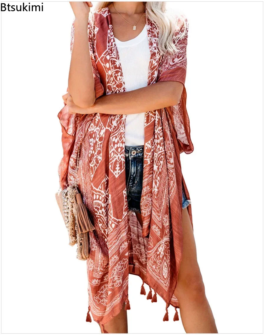 New 2024 Sexy Bikini Cover-ups Boho Printed Fringed Long Kimono Carfigan Tunic Women Plus Size Beach Wear Swim Suit Cover Up