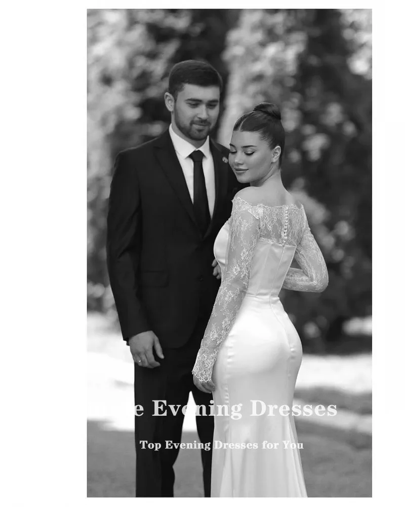 Eightale Boho Wedding Dresses Strapless Lace Long Sleeves Satin Customized Mermaid Bridal Gowns vestidos de novia image 3
