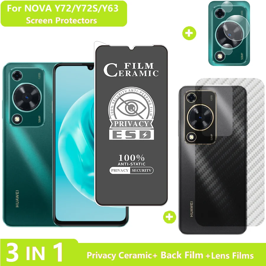 3-In-1 For Huawei Nova Y72S Tempered Glass Nova Y72 Screen Protector (Matte+Privacy Film)+Lens Protector+Back Film Nova Y63