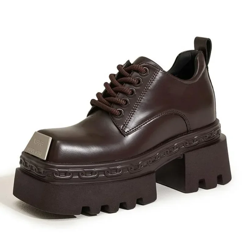 

High quality 8.5CM High Platform leather ankle boots fashion Design square head Casual shoes for women Microfiber women's shoes