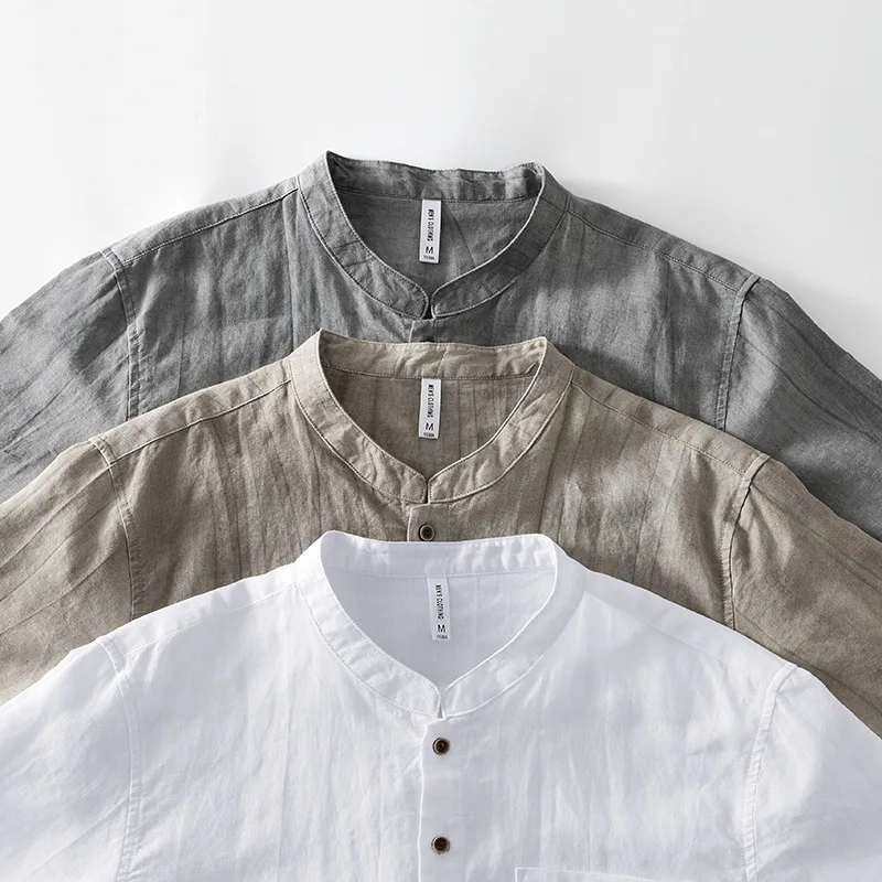 

Мужская летняя льняная хлопковая рубашка в японском стиле, отпускные блузки, топы, свободный кардиган с воротником-стойкой, рубашка с нагрудным карманом