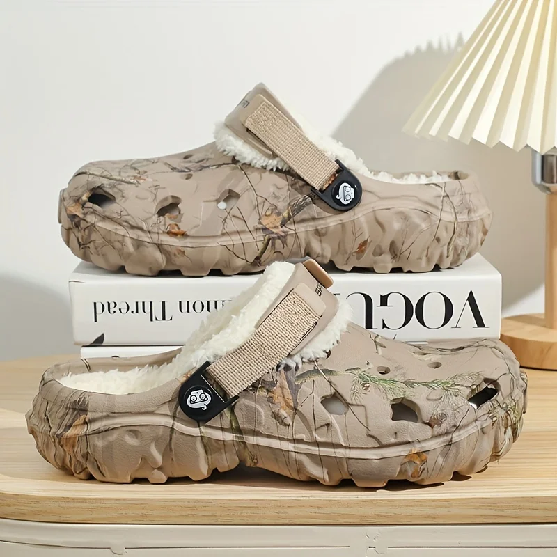 Men's Winter Camo Clogs Detachable Faux Fur Lining Warm Non-Slip Indoor/Outdoor Slippers Black EVA Casual Comfort Winter Shoes image 2