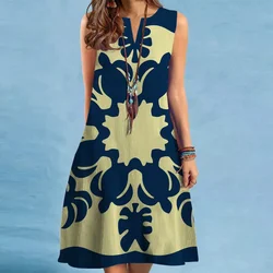 Summer Lady Vest Dress Vintage Floral 3D Print V-Neck Sleeveless Mini Dress Casual Loose A-line Dress Large Size Womens Sundress
