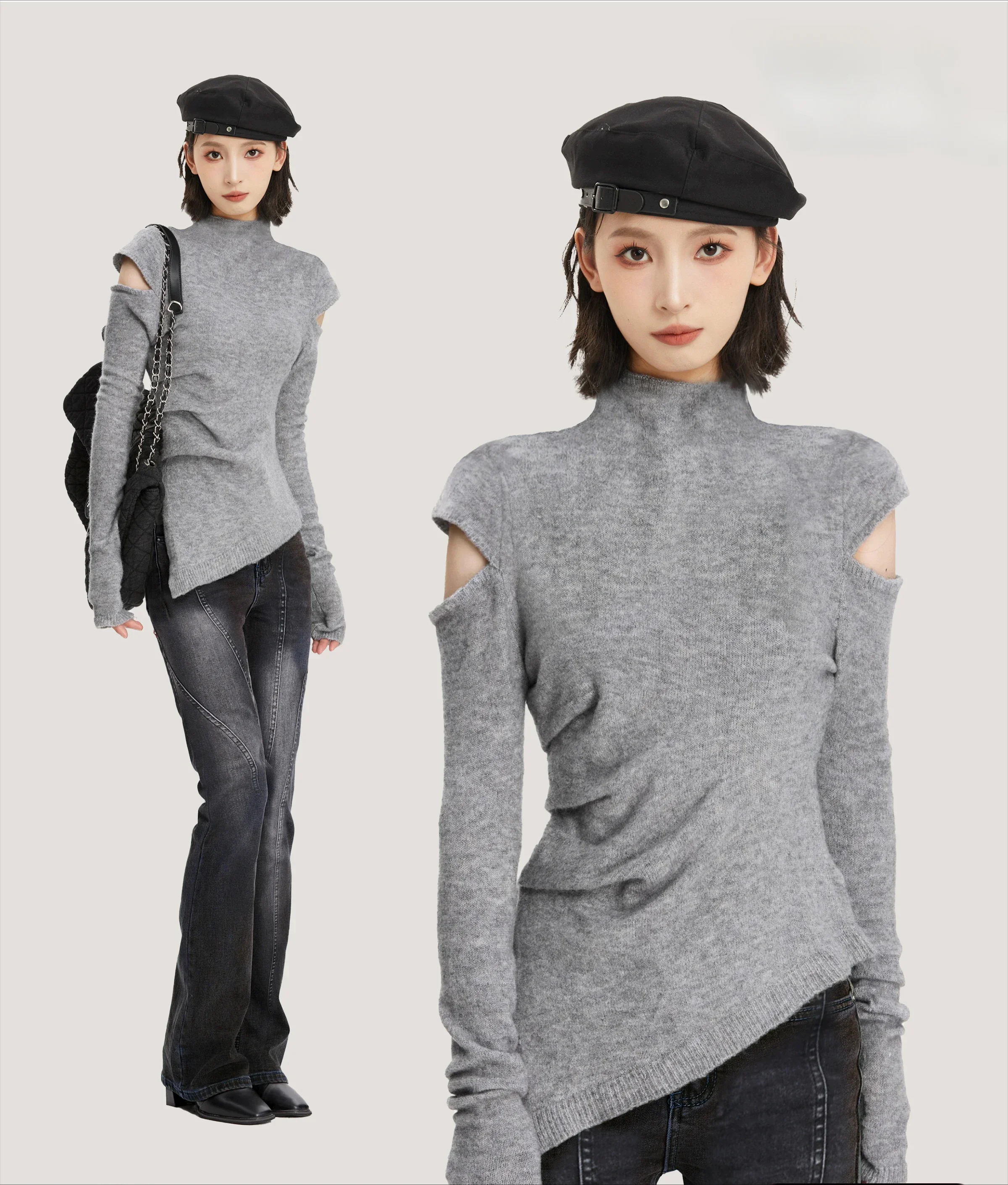 Grey Semi High Neck Knitted Sweater for Women, Autumn and Winter, Irregular Inner Layer, Bottom Layer, Off Shoulder Top