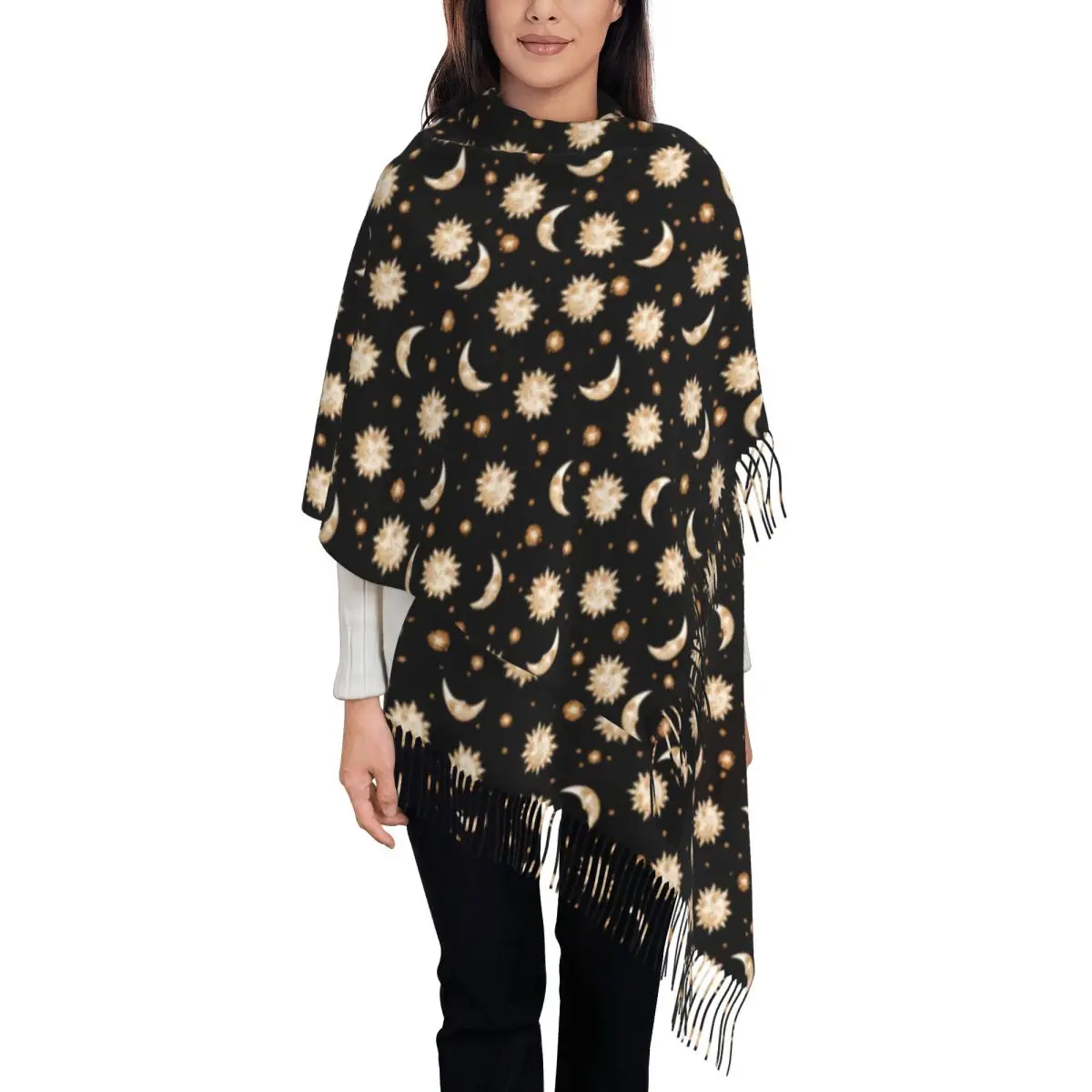 Retro Celestial Sun Scarf Moon Gold Black Print Warm Shawls and Wrap with Tassel Womens Retro Head Scarves Winter Bufanda Mujer