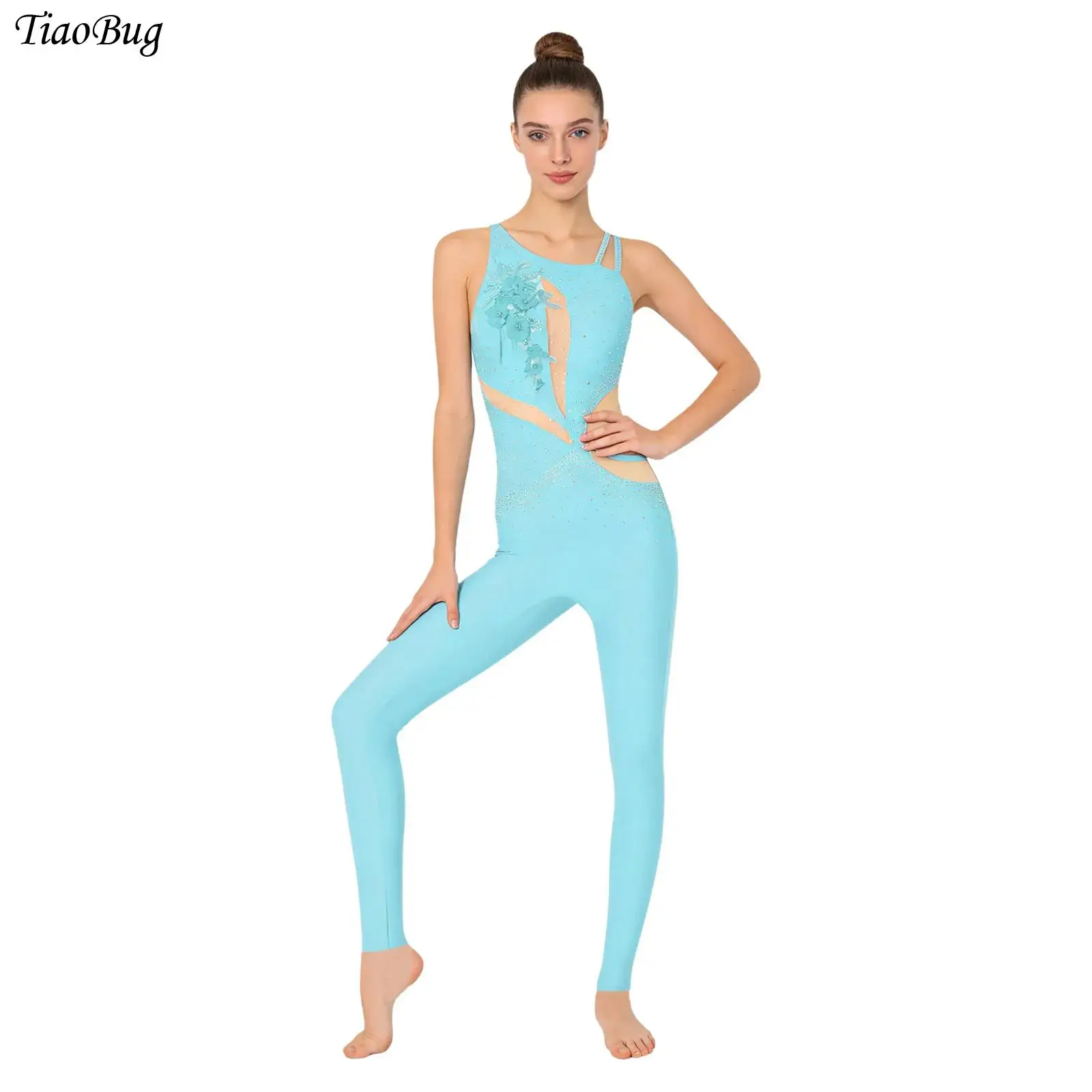 

Womens Rhinestones Gymnastics Jumpsuit Ballet Dance Leotards Applique Asymmetrical Shoulder Backless Legging Skating Bodysuit