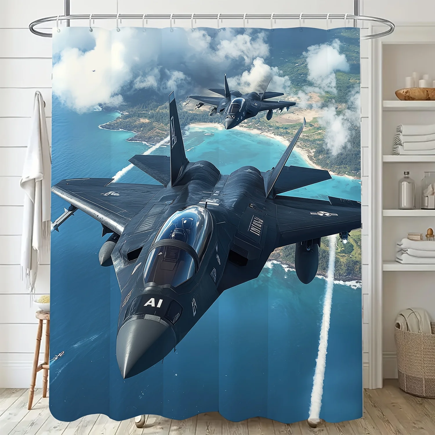 

1pc Modern Anime-Style Fighter Jet Shower Curtain - Vibrant Digital Print, Durable Polyester, Machine Washable, Artistic Bathroo