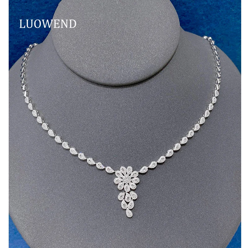 LUOWEND 18K White Gold Necklace Women Luxury Design Real Natural Diamond Ring&Earrings&Bracelet&Necklace High Party Jewelry Set