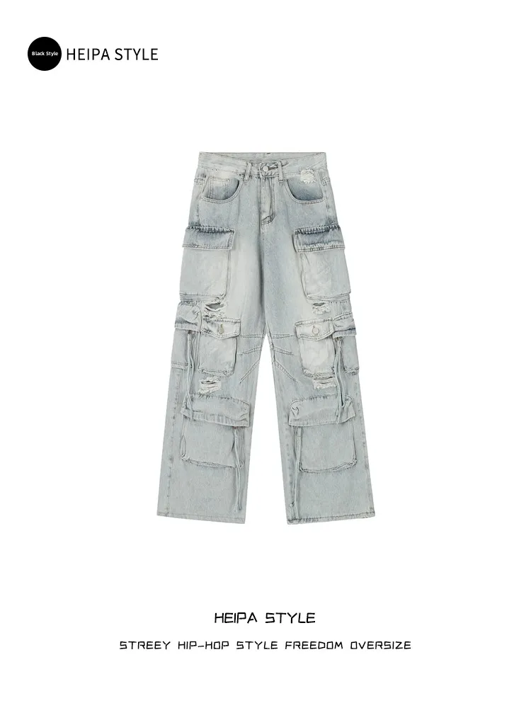 

Ретро-джинсы в американском рабочем стиле для мужчин: модные, свободные, прямые, с множеством карманов, рваные, молодежные, на все сезоны