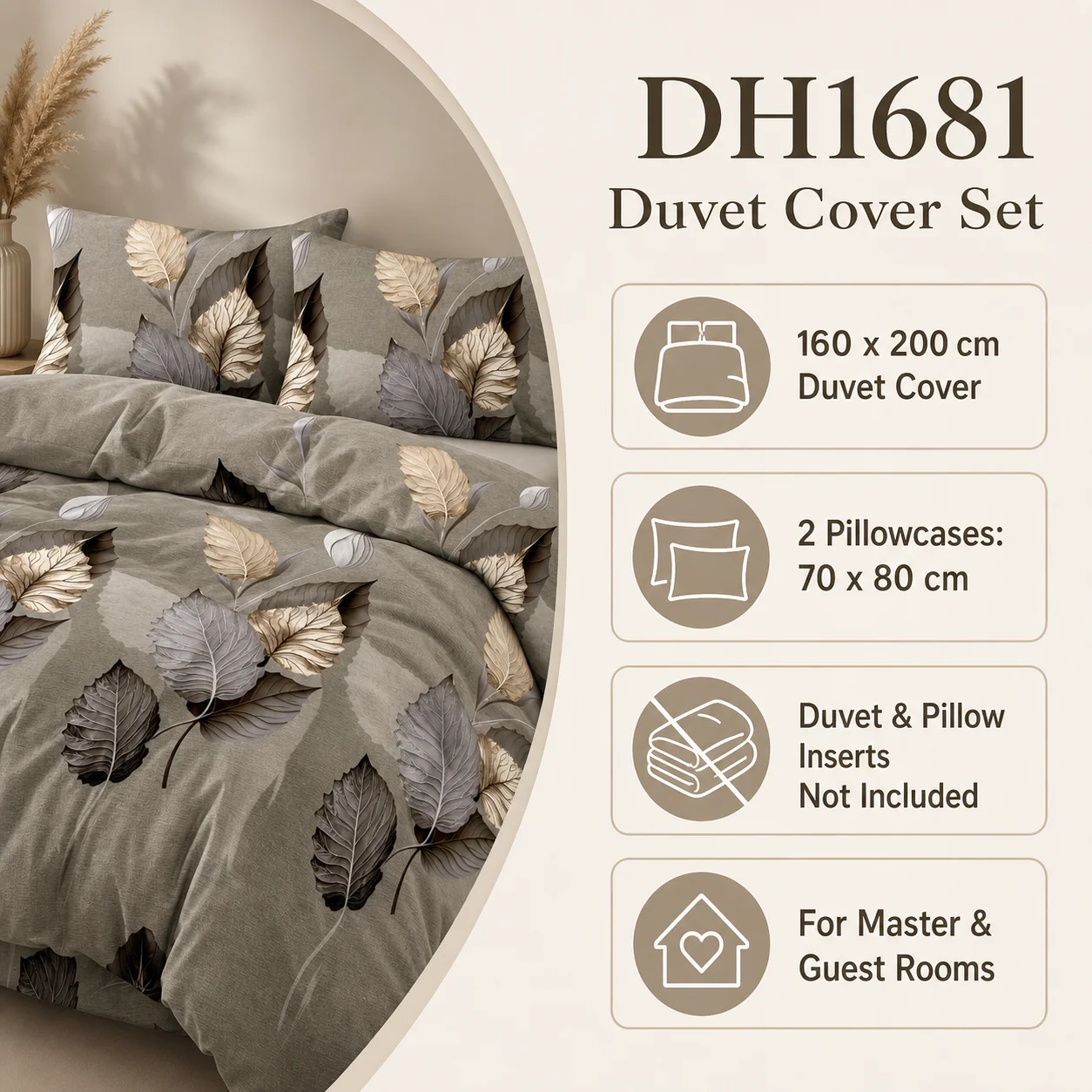 Parure de Lit 3 Pièces Motif Feuilles Botaniques Gris Neutre 160x200cm, 1 Housse de Couette + 2 Taies d’Oreiller, Linge de Lit sans Garnissage