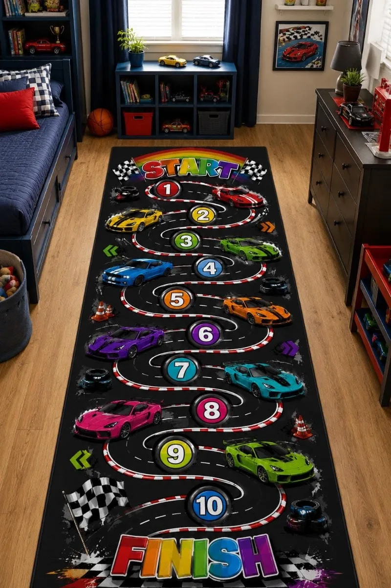 Long Play Mat 1-20 Numbered Hopscotch Track Printed Runner Rug U-Shaped Street Gray Road for Apartment Playroom Floor