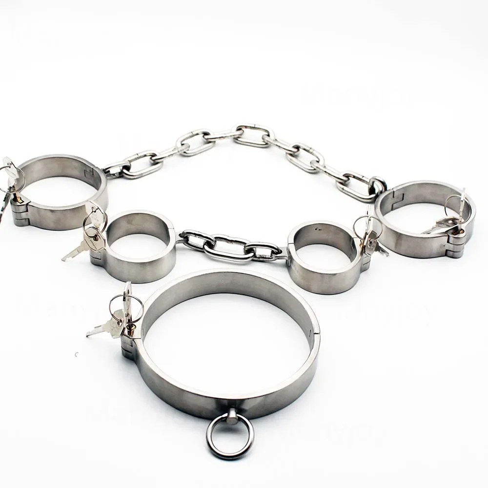 Stainless Steel Wrist Handcuff Ankle Cuffs Shackles Detachable chain Neck Collar SM Restraint Choker Stealth Lock Adult Sex Toys