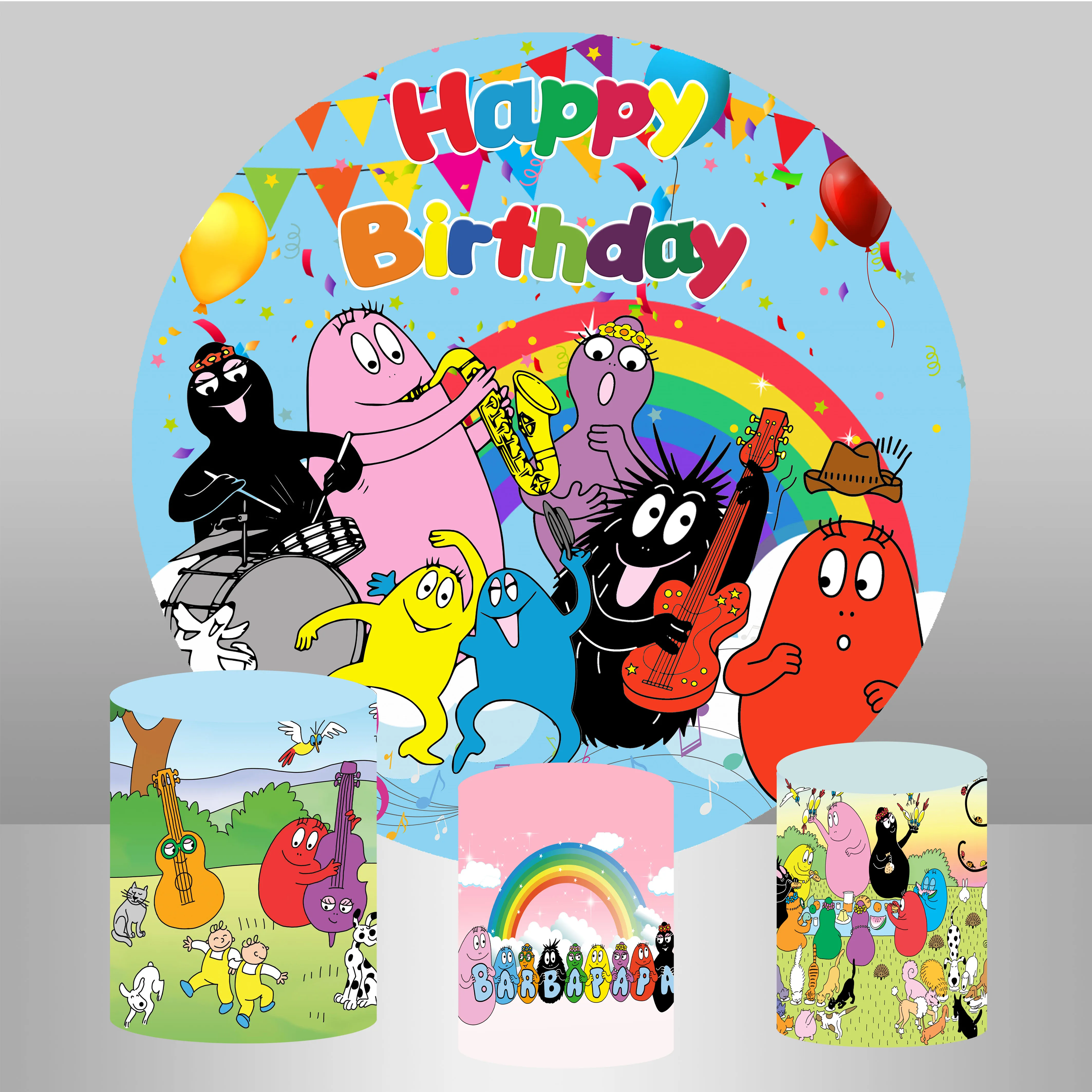 Barbapapa Birthday Elastic Round Backdrop Baby Shower Rainbow Balloon Background Three Cylinders Background Circle Columns Cover