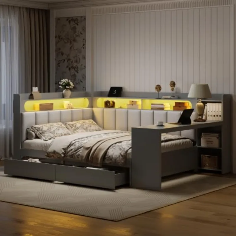 Full Corner Bed Frame With Storage Shelves & Drawers, Daybed With Charging Station & LED Light, Desk & Headboard, Customized
