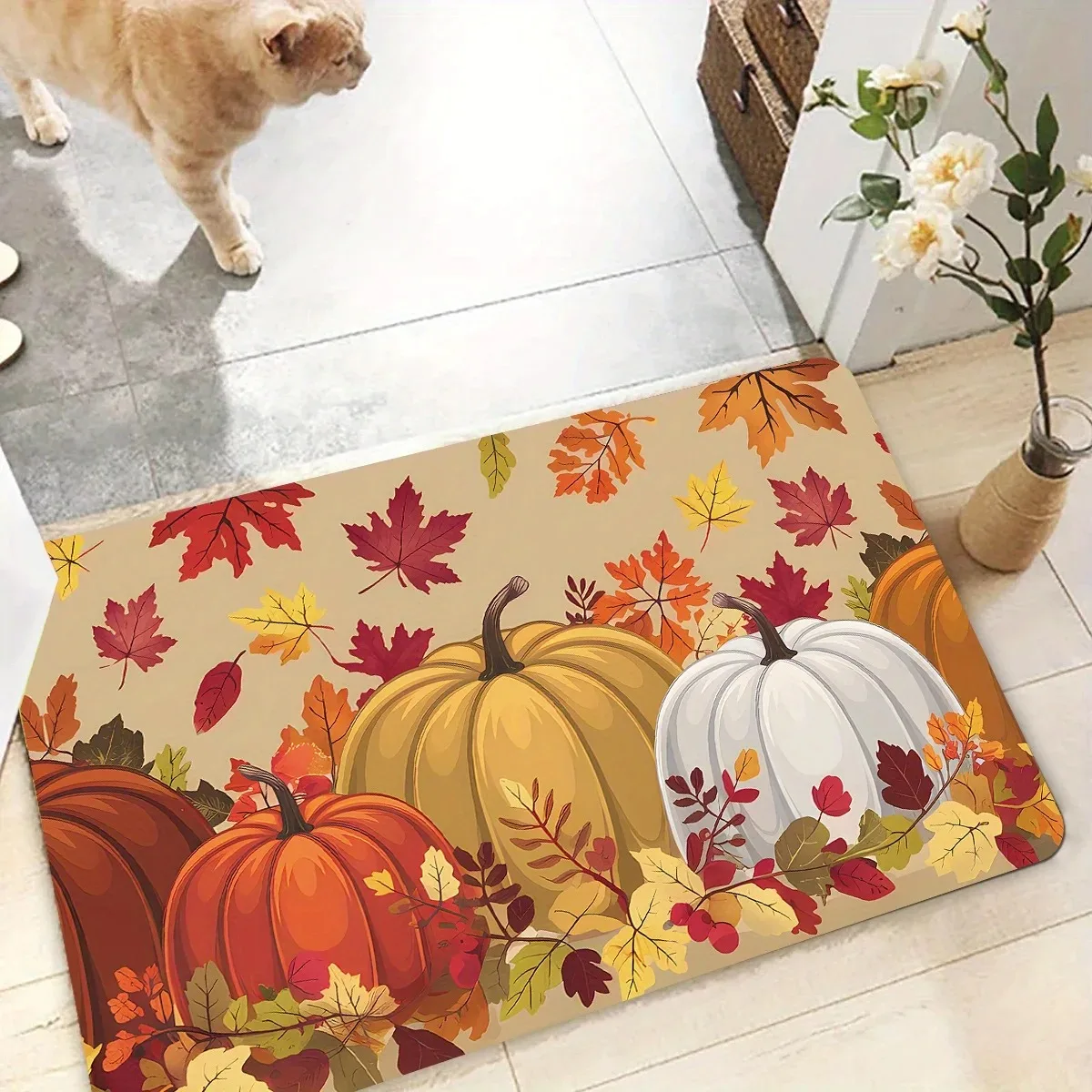 Fall Thanksgiving Kitchen Rug Set Non‑Slip Carpet Pumpkin Maple Leaf Print Mat for Kitchen Autumn Harvest Holiday Home Decor