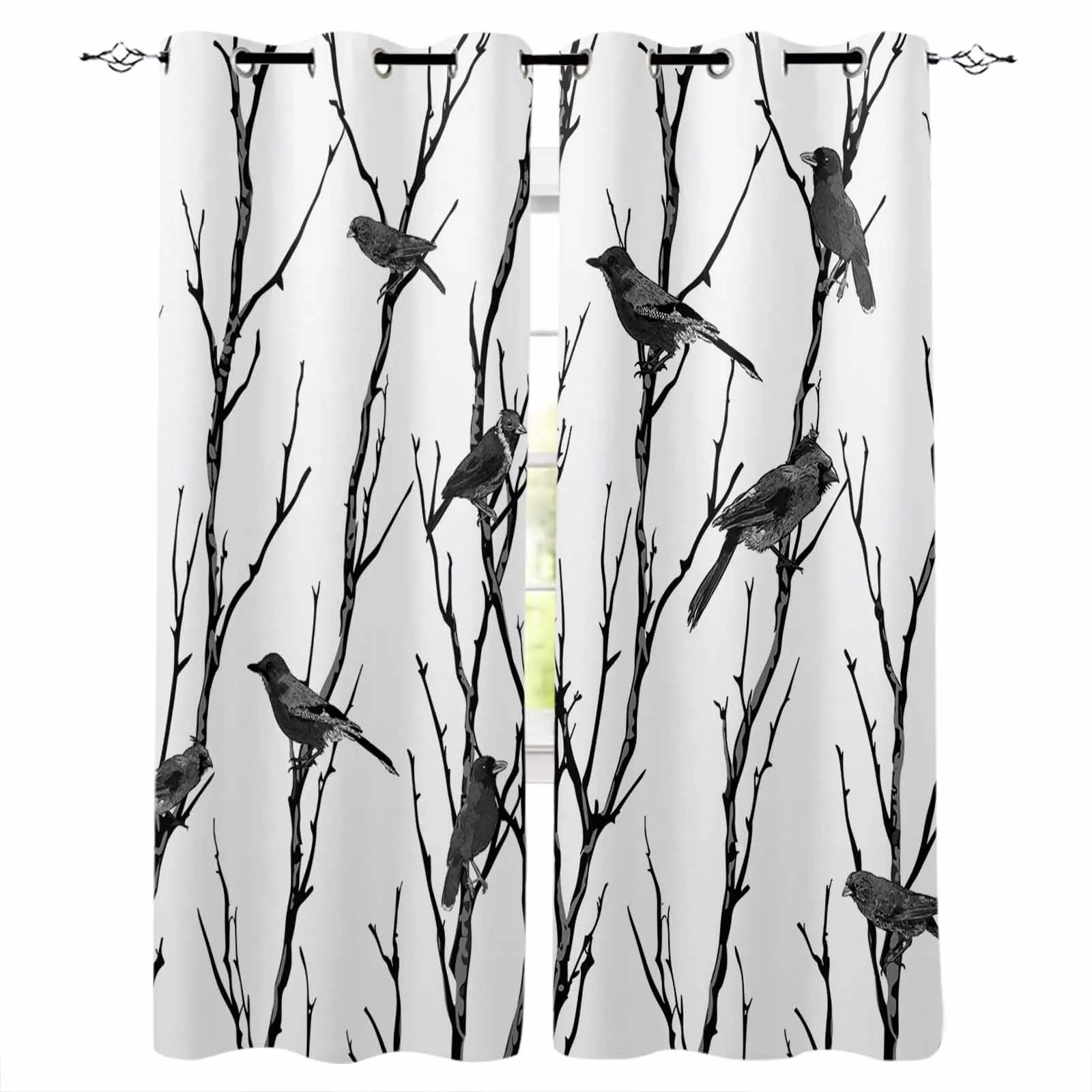 Branch Bird Silhouette Window Curtains for Living Room Kitchen Curtain Bedroom Decorative Window Treatments