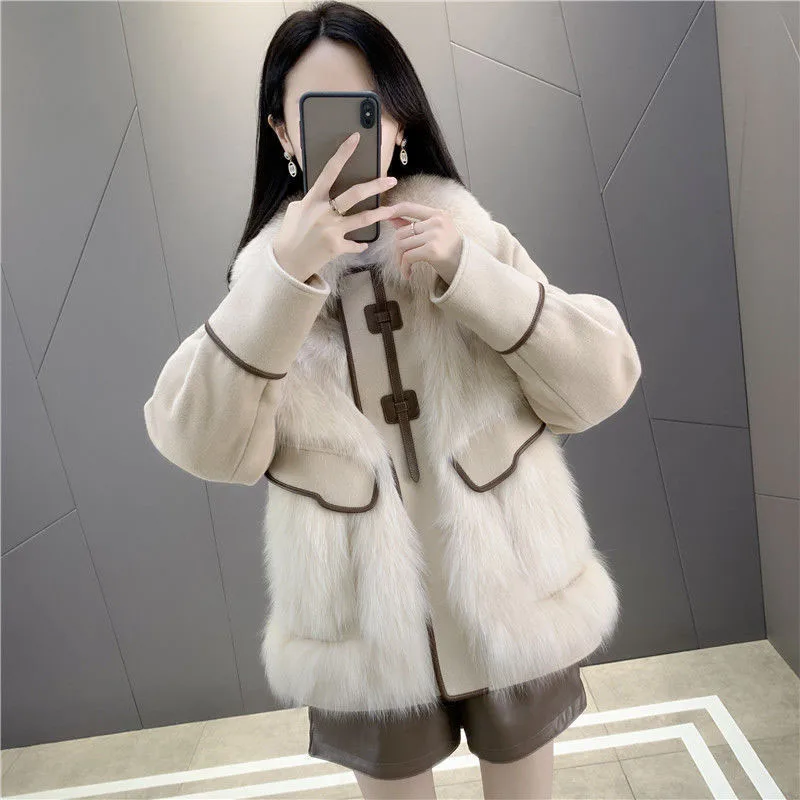 Casaco de imitação de pele de raposa coreano feminino, parka quente, casacos frios de camurça, bege, cinza claro, moda feminina, inverno, novo, maré