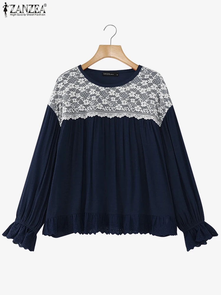 ZANZEA Camicetta da donna autunno Camicia con volant patchwork in pizzo 2025 Manica lunga Casual Vintage floreale all'uncinetto Top Tuniche larghe Tees