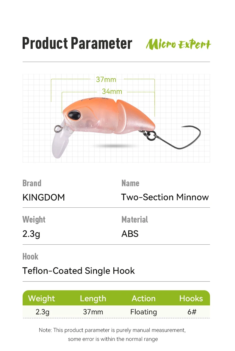 Kingdom 2-teiliger Minnow-Köder, 2,3 g, 37 mm, schwimmender S-förmiger harter Wobble-Topwater-Swimbaits, künstlicher Köder zum Forellen-Barschangeln – Detail 13