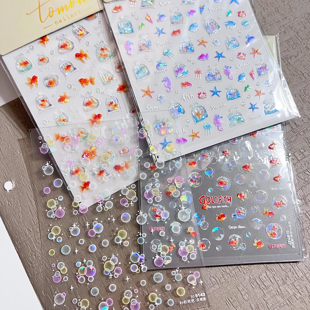 Colorful Bubbles Laser Shattered Glass Effect Nail Art Stickers Rainbow Bagful Goldfish 5D Decals Self Adhesive Manicure Sliders