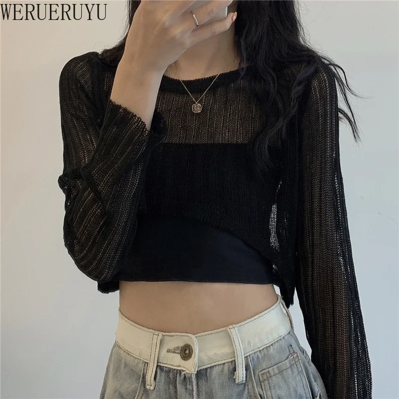 WERUERUYU Women Summer T Shirts Super Short Sexy Long Sleeve See Through Tops Solid Korean Style Clothes