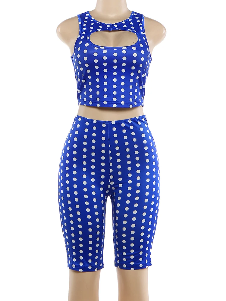 Kliou Polka Dot Print 2 Piece Set Woman o-Neck Hollwo Design Crop Tops+Skinny Peach Hip Shorts Hot Girls Sexy Fashion Outfits - Image 5