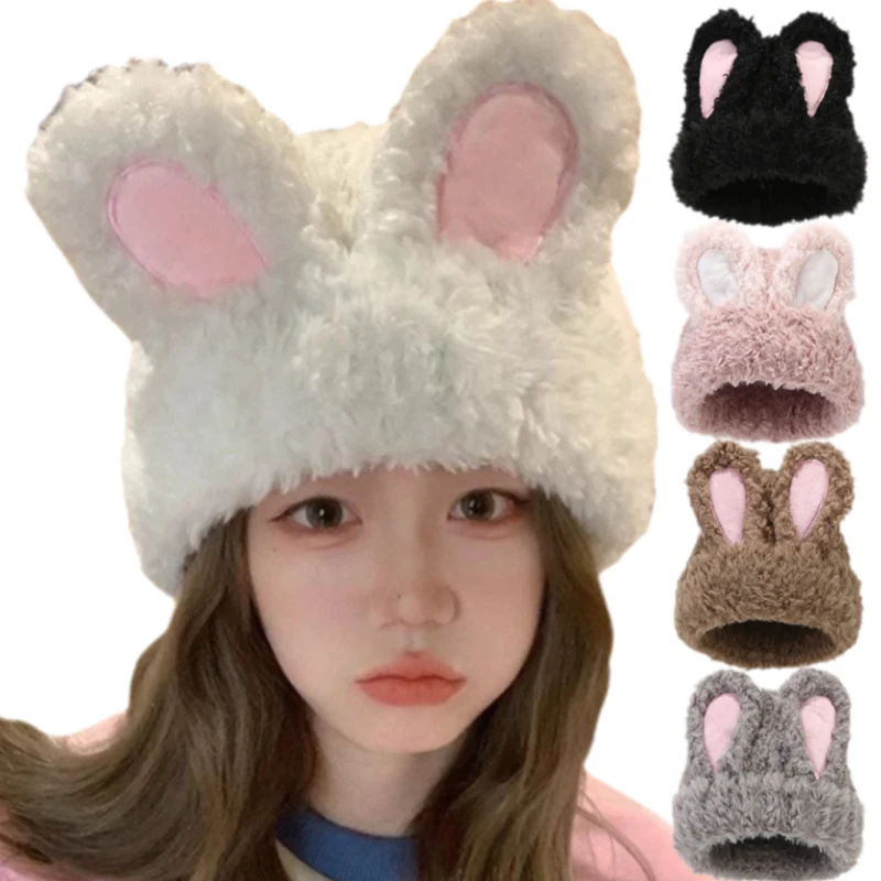 Y2k Rabbit Ears Plush Hats Cute Girls Winter Beanie Pullover Cap Women Lolita Thickened Warm Funny Party Photography Fleece Hats