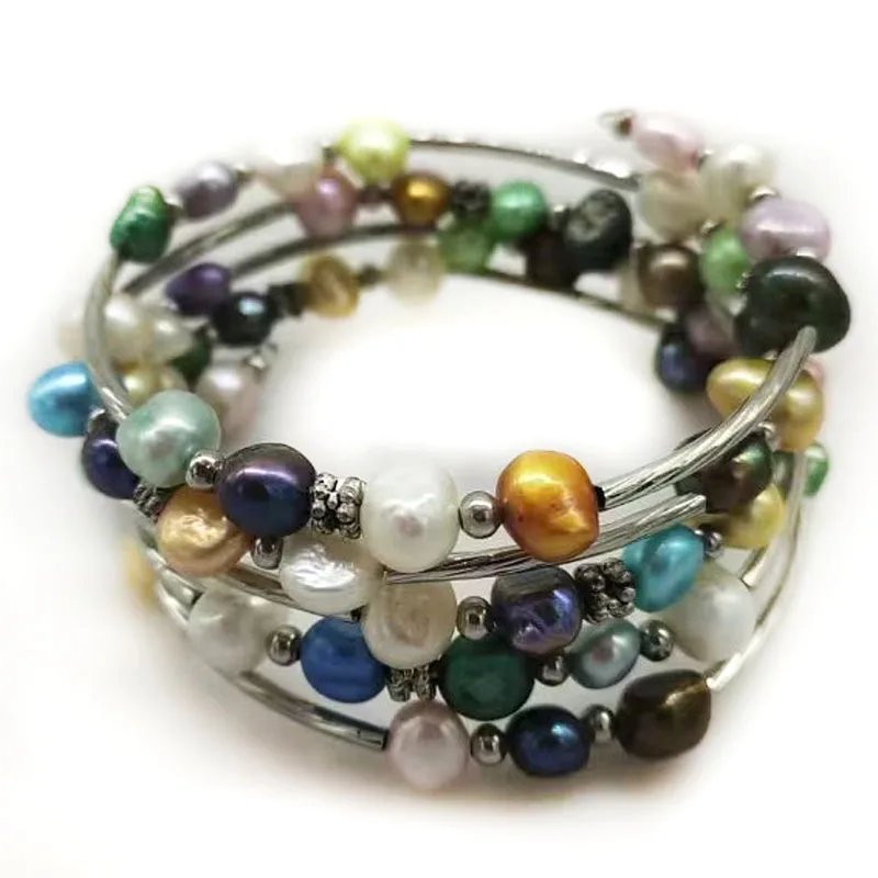 33 inches 7-8mm Rainbow Natural Baroque Pearl Memory Wire Bracelet