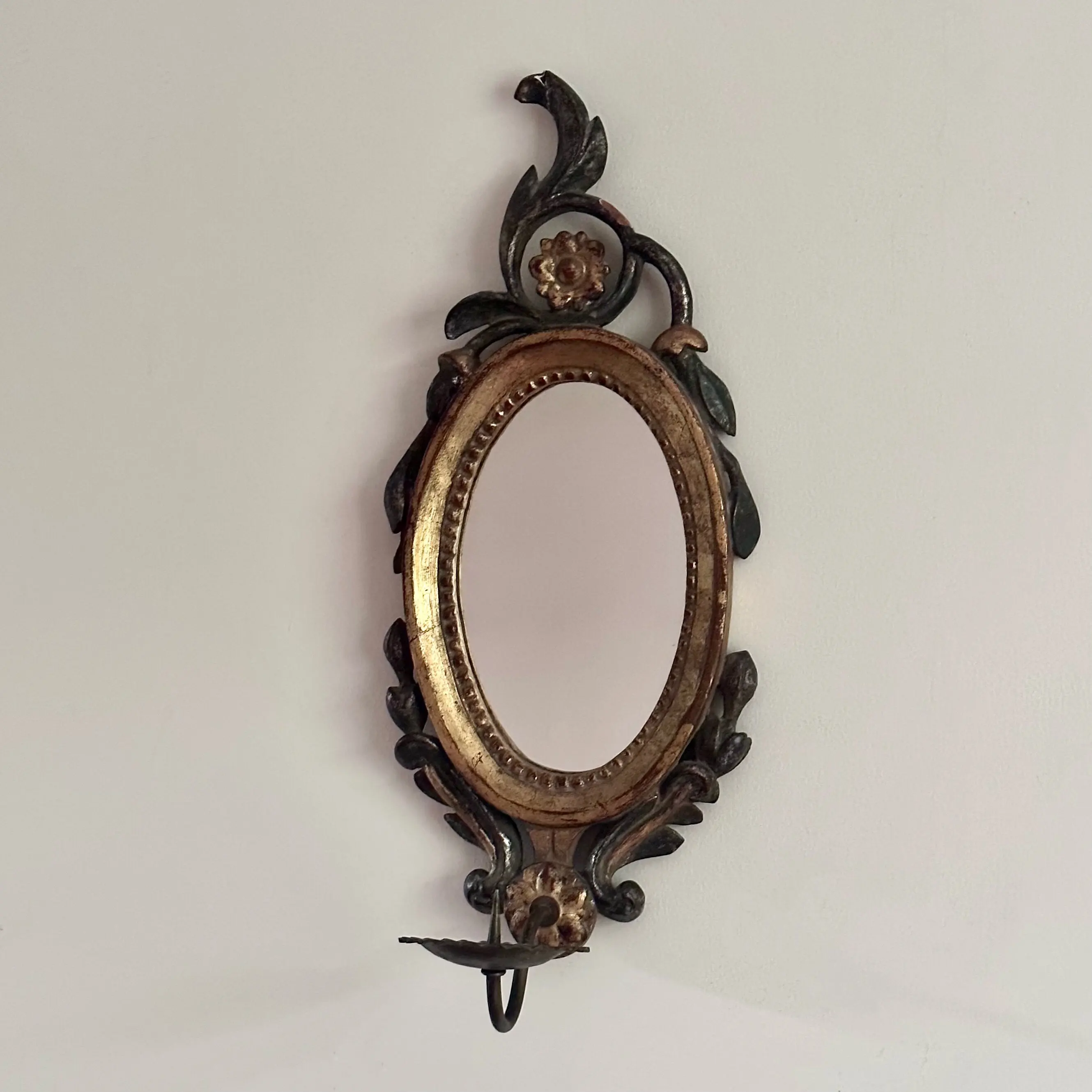 French 18th century carved beaded wooden frame mirror, baroque church wall candlestick