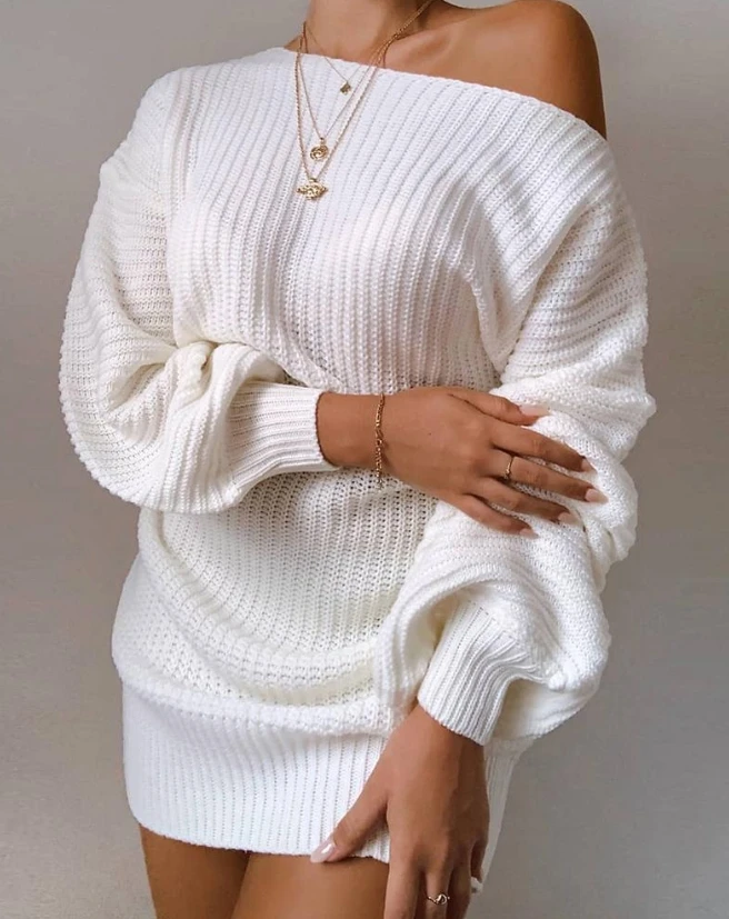 

2023 Autumn Winter Spring New Fashion Casual Sexy Dresses for Women Elegant Cold Shoulder Lantern Sleeve Knit Dress