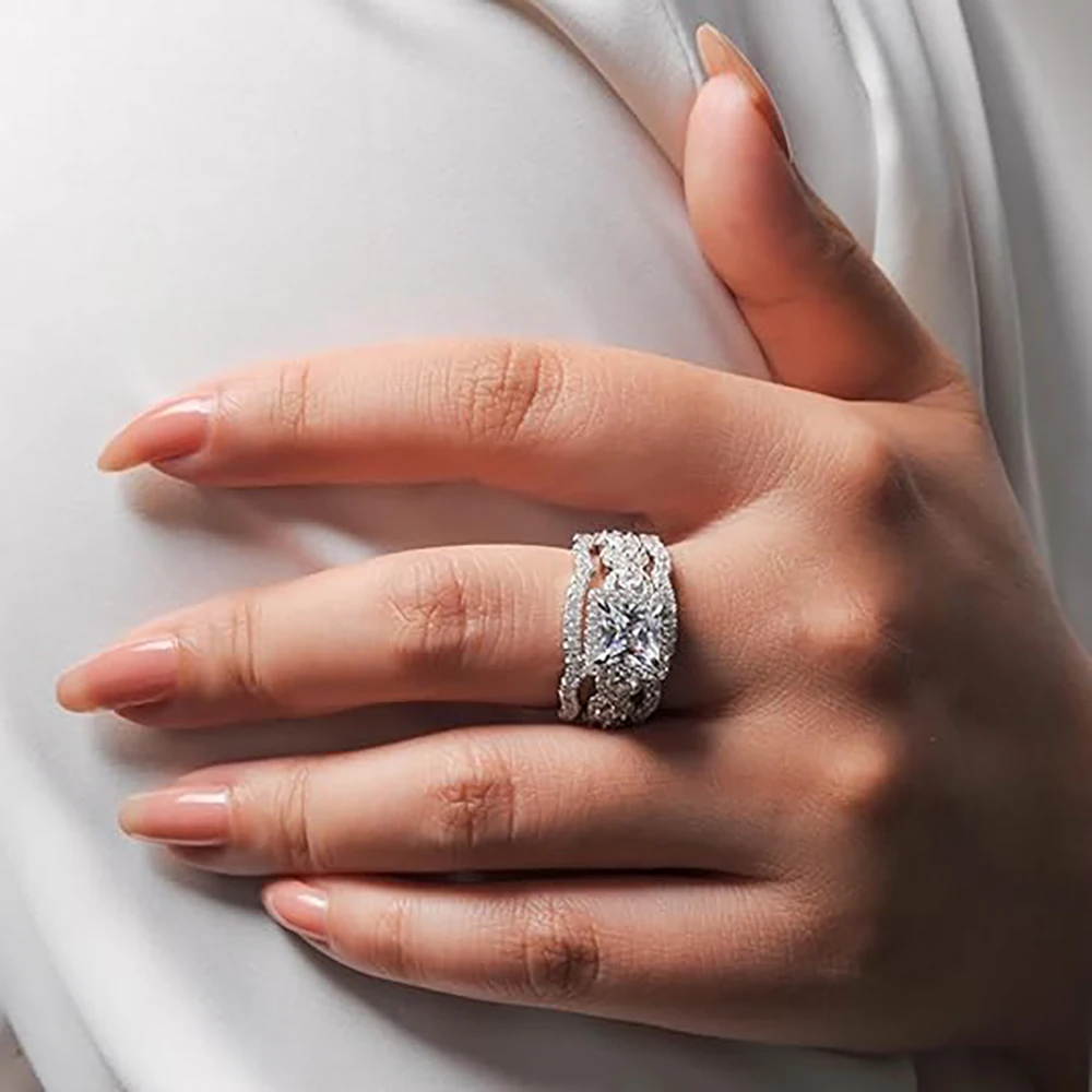 

925 Sterling Silver Women’s Ring Set, Luxurious Unique Princess Design, Three-Piece Set, Stackable or Single Wear