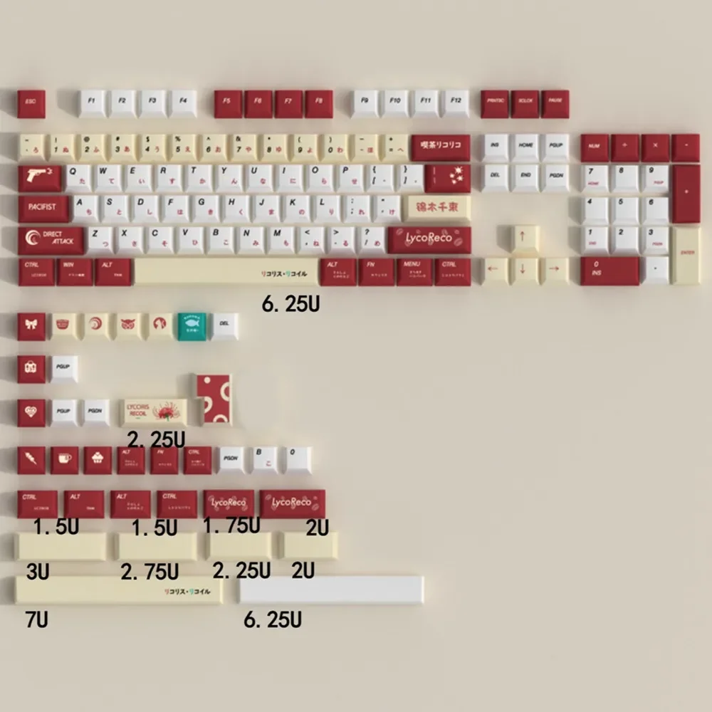 Lycoris Recoil Anime PBT Keycap Cherry Profile Custom Design 138 Keys Red White ISO Enter For Mechanical Gaming Keyboard