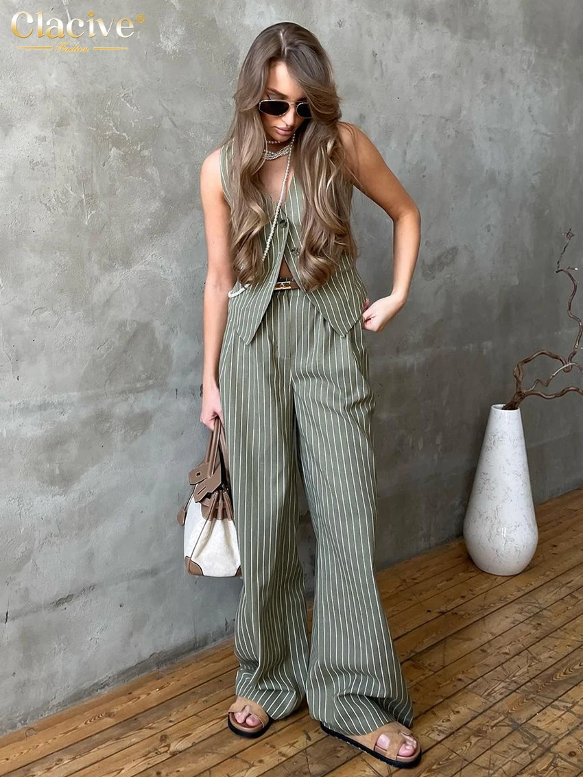 Clacive Summer Loose Stripe Print 2 Piece Set Women Outfit Fashion Sleeveless Tank Top With High Waist Wide Pants Set Streetwear