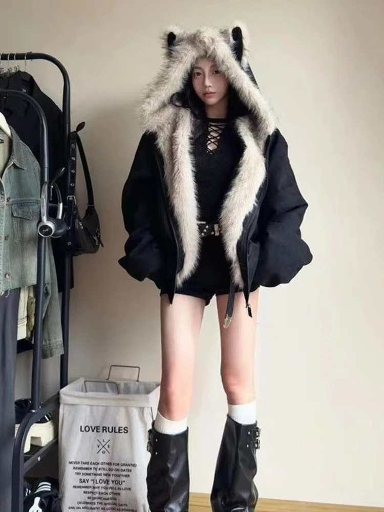 Parka Wanita Bergaya Retro Amerika Lengan Panjang Berkerudung dengan Telinga Kucing, Sweatshirt Manis Vintage Kerah Bulu Imitasi Warna Solid Musim Gugur 2025