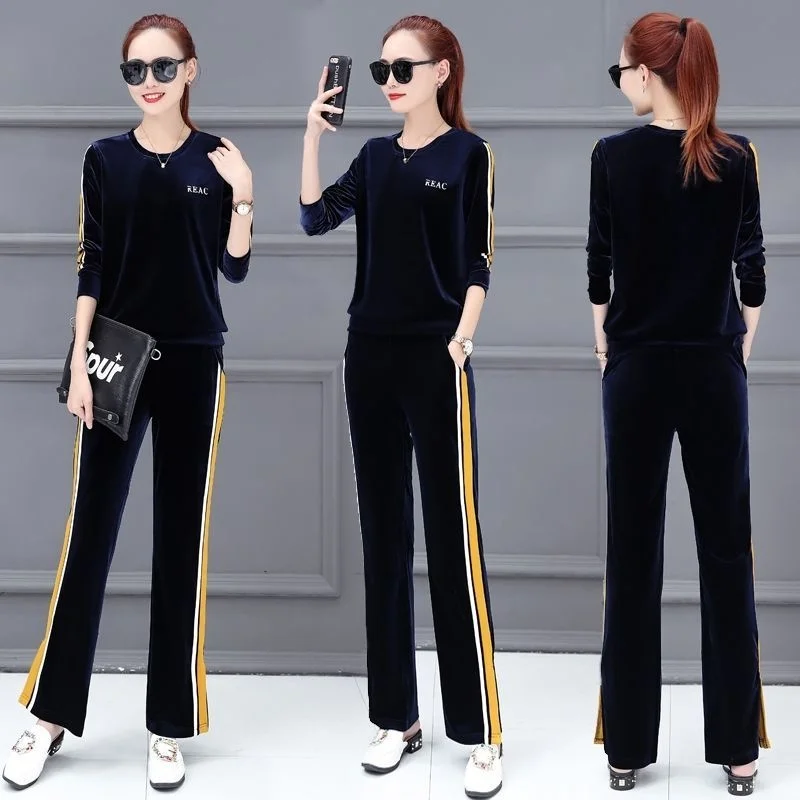 Women\'s Golden Velvet Suit 2023 New Spring And Autumn Fashion Embroidery Long Sleeves Tops Pants 2 Two Piece Set Casual Clothing