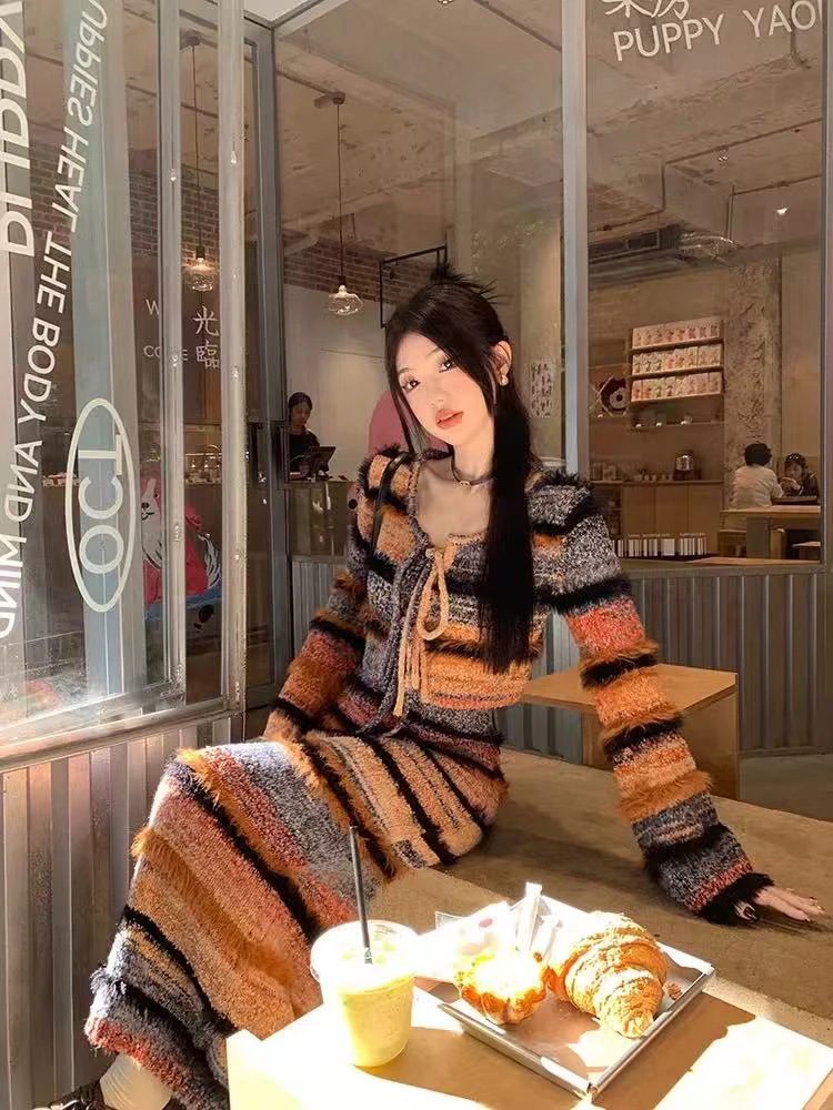 빈티지 스트라이프 니트 가디건 세트 여성 가을 겨울 슬림 레이스업 긴팔 가디건 Y2K 캐주얼 캐미솔 베스티도스 투피스 세트