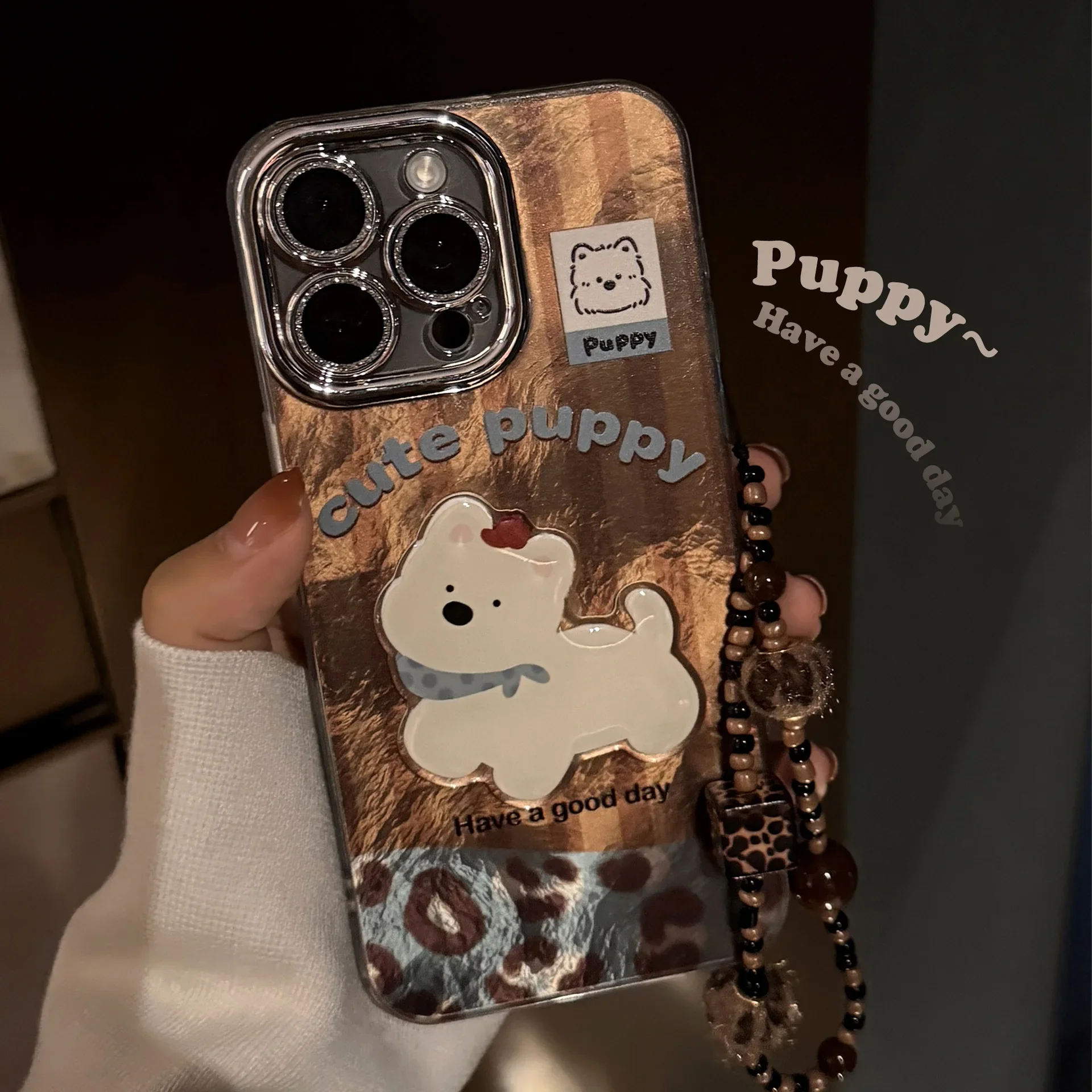 Trendy metal texture mobile phone case, cute dog pattern helps iPhone mobile phone fashion upgrade iphone case for 16 15 14 13