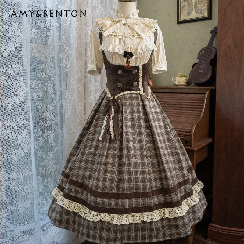 

Оригинальное ретро британское стильное осенне-зимнее шерстяное платье в стиле Лолиты, элегантные классические двубортные клетчатые юбки с высокой талией