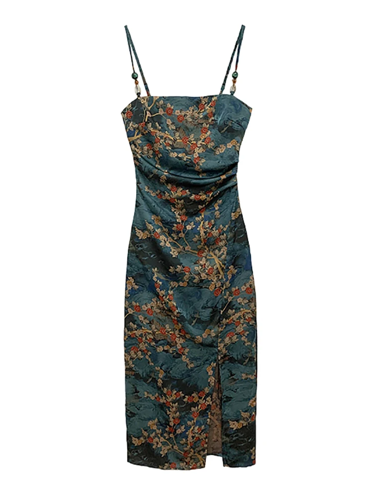 Vestido largo de satén con estampado Floral para mujer, prenda elegante y Sexy con tirantes, Estilo Vintage coreano, a la moda, 2024