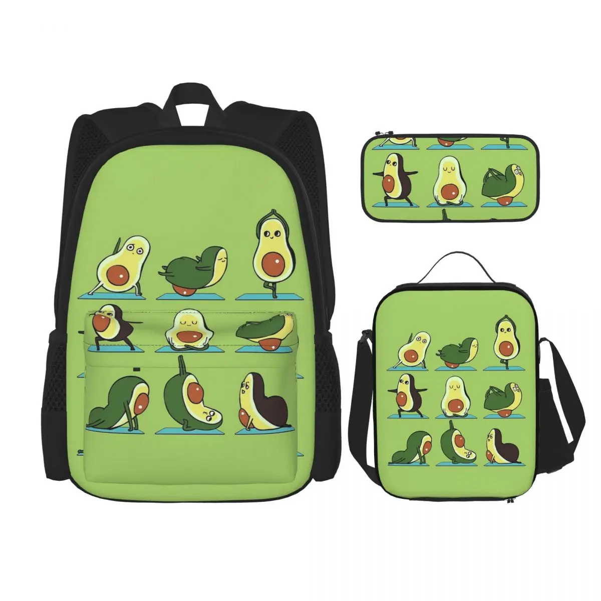 

Avocado Yoga Backpacks Boys Girls Bookbag Students School Bags Cartoon Kids Rucksack Lunch Bag Pen Bag Three-Piece Set