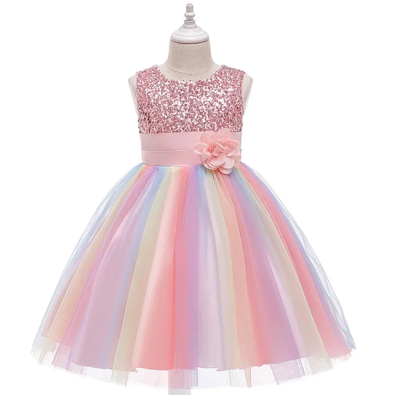 

Newborn Elegant Sequin Rainbow Flower Tutu Dress Toddler Girl Sleeveless For 1st Year Christening Birthday Wedding Carnival Gown