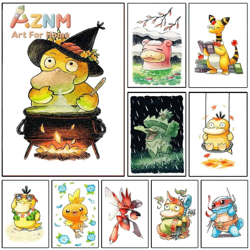 AZNM Pokemon Psyduck Witch Pot Watercolor Canvas Wall Art Unframed Anime Monster Print Home Kids Bedroom Living Room Decor Pos