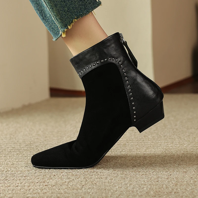 Autumn Winter Suede Square Toe Retro Short Boots Women Metal Bead Zipper Design Ankle Botas Female Versatile Modern Boots 2025