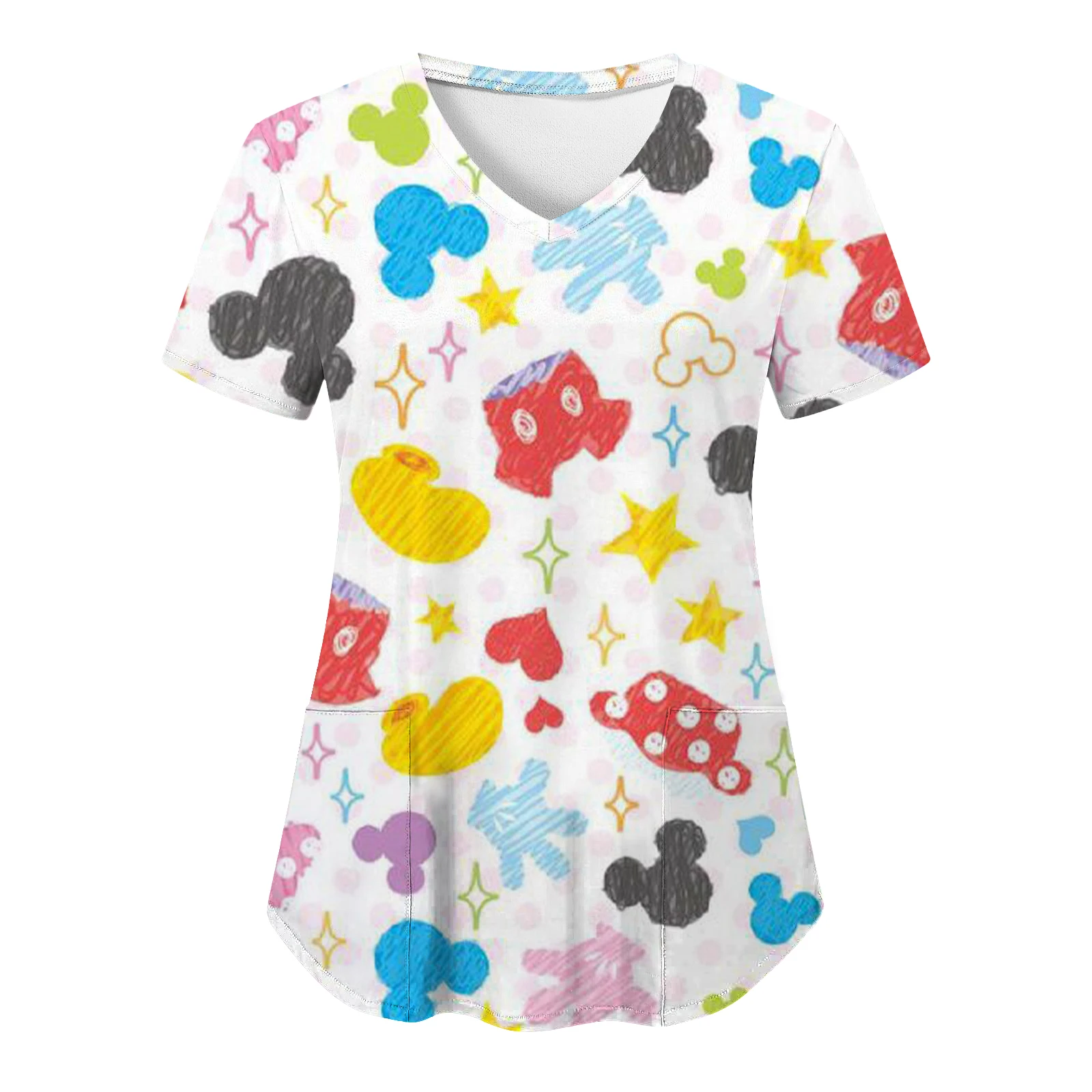 Pocket Woman Clothes Disney T Shirt Hospital T-shirts Summer Tops Minnie Mouse Mickey T-shirt Nurse Uniform Top Women 2024 Tees