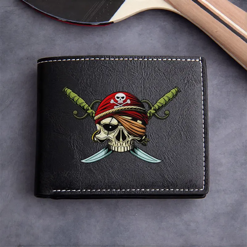 Portafoglio in pelle PU premium con design teschio pirata, stile minimalista compatto per uomini e donne, durevole, leggero, per l'uso quotidiano